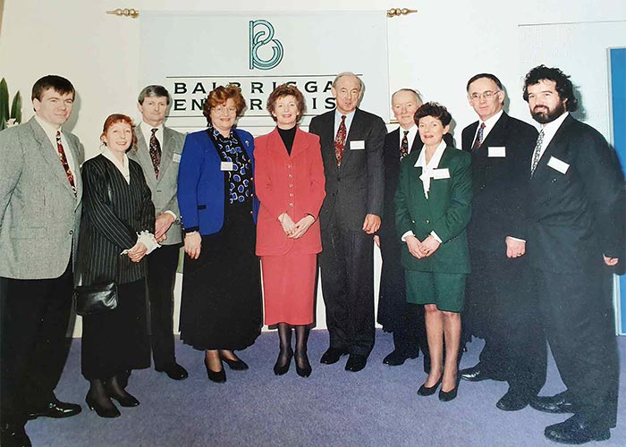 Opening of BEaT Centre in 1995 with Michael NcNulty, Alice Davis, Robert Beggs, Rena Condrot, President Mary Robinson, Des Byrne, Michael McGovern, Angela Cashell, Donal McMenamin and Padrig O’Feinneadha